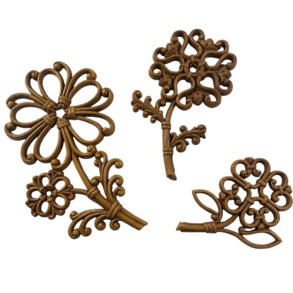 Set Of 3 Vintage Homco Flower Wall MCM Decor, 7", 6" & 4.5"  Brown Gold Plastic - Picture 2 of 7